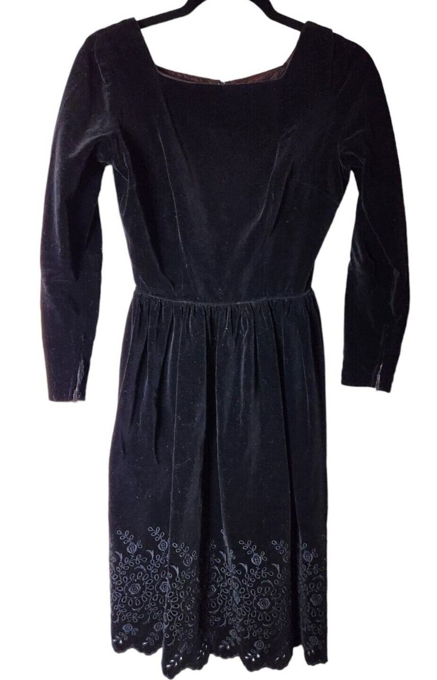 Vintage Jonathan Logan Black Gothic Wednesday Dress 1960s Embroidery Long Sleeve